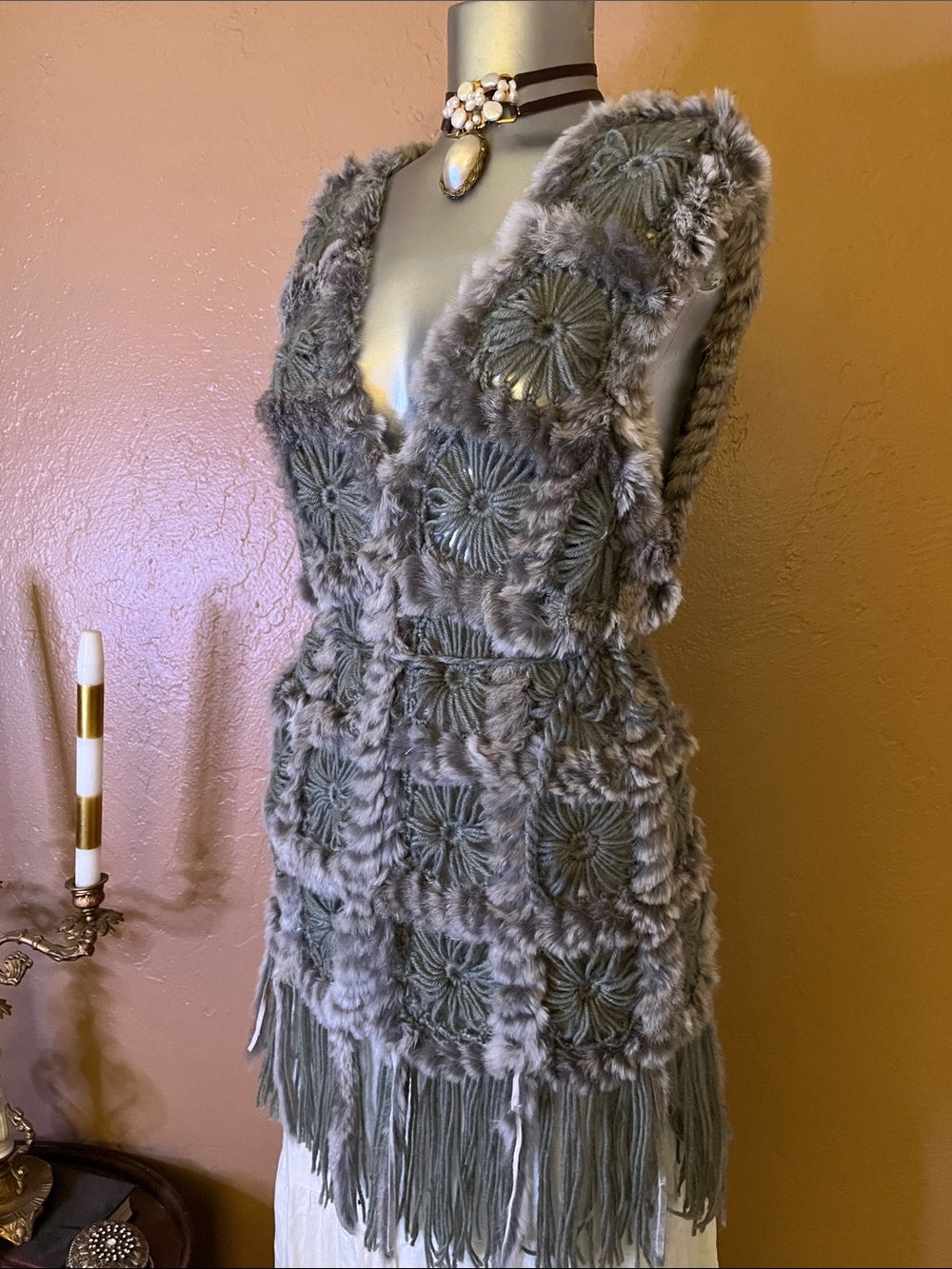 Love Token Gray Fur Floral Crochet Fringe Tunic Boho Vest.  Sz  M